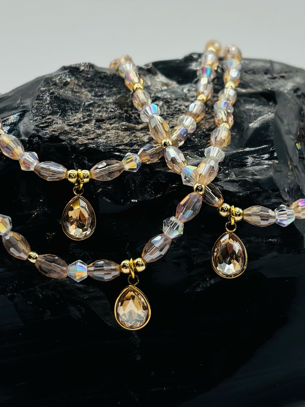*ANKLET* S. Steel Mini Champagne Teardrop & AB Champagne Crystal Stretchy Anklet
